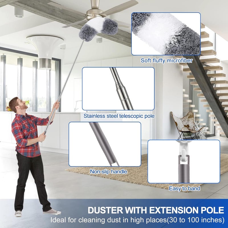 DTZERT Microfiber Duster Kit (11PCS) - Washable Dusters with Extension Pole (30 to 100 in) for Cleaning Ceilings, Fans, Furniture - Image 2